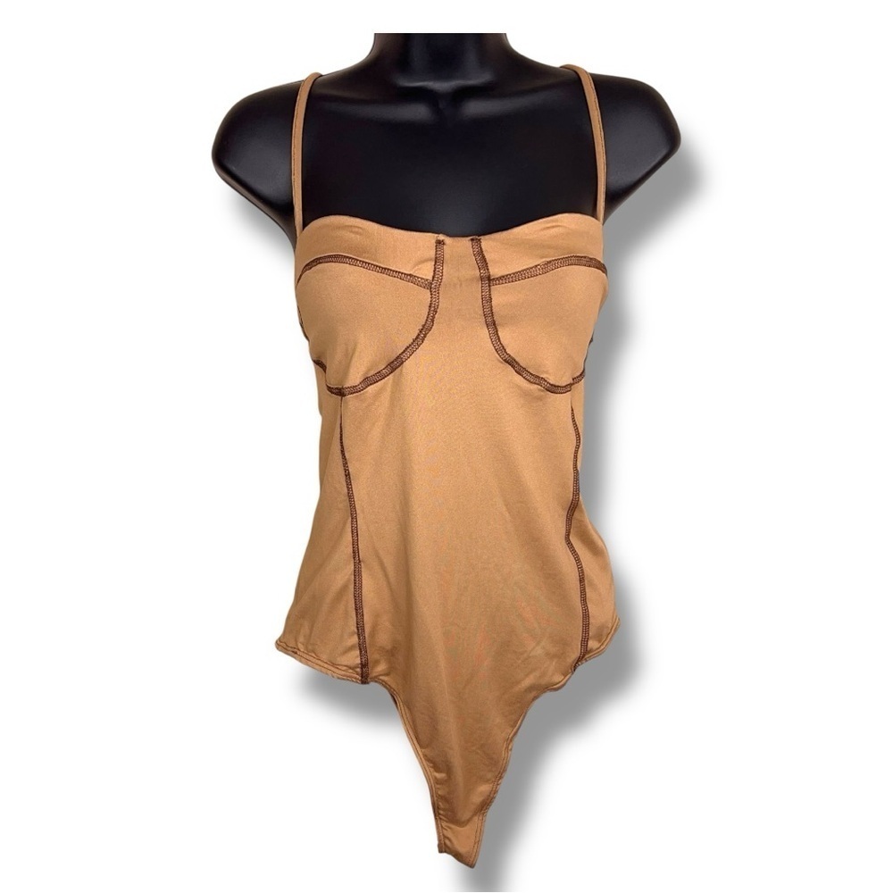 New XL Juniors Just Polly Forever 21 Bodysuit Neutral Beige Stitch Accent